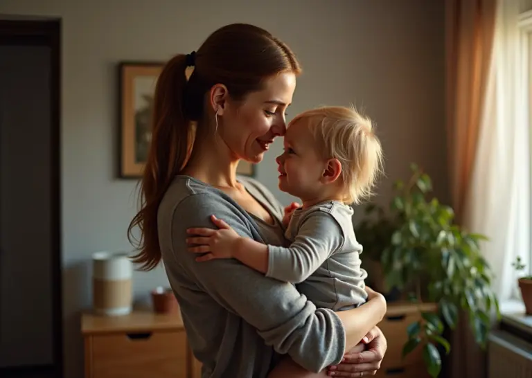 Теплый момент между матерью и ребенком, символизирующий эмоциональную привязанность и доверие