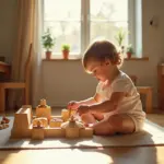 Домашний интерьер в стиле Монтессори с ребенком, играющим с развивающими деревянными игрушками